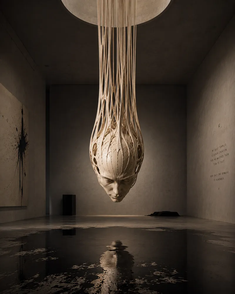 A pale head suspended from the ceiling by long strands above a dark reflecting floor.