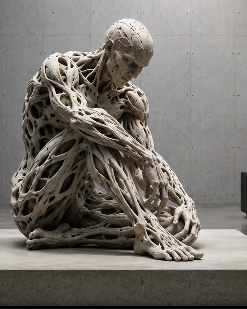 Seated figure of pale interwoven strands, head bowed, arms around the knees.