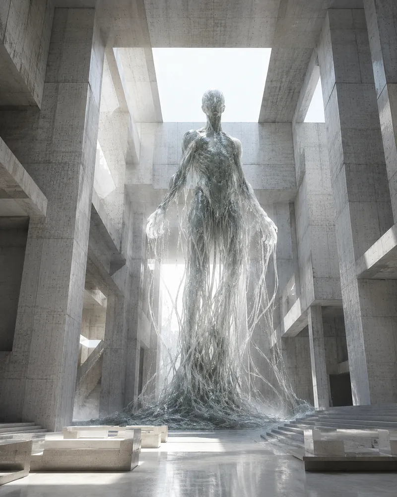 A translucent standing figure of fine threads under a concrete skylight.