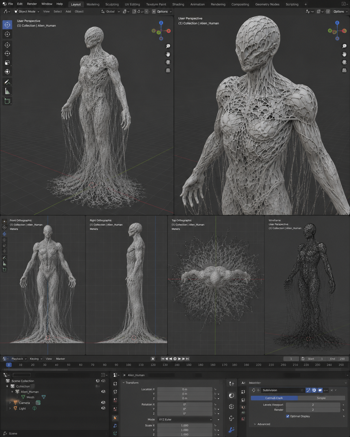 Blender viewport showing a porous humanoid sculpture from multiple angles, including wireframe and orthographic views.