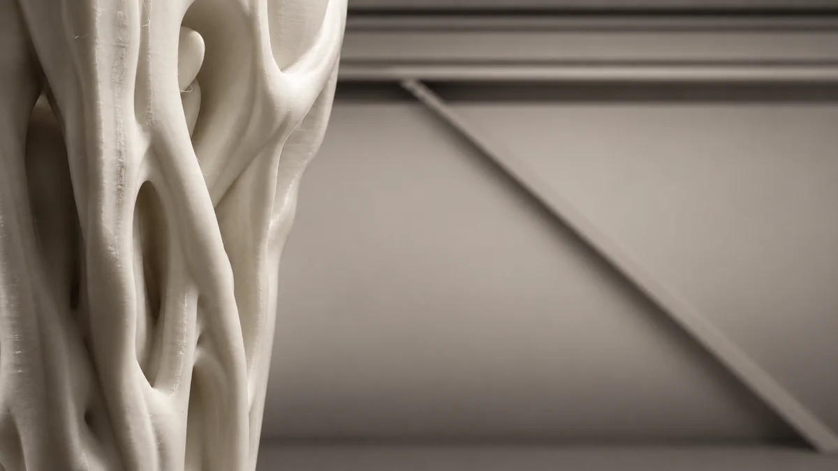 Close-up of the sculpture’s pale, branching surface and layered texture.